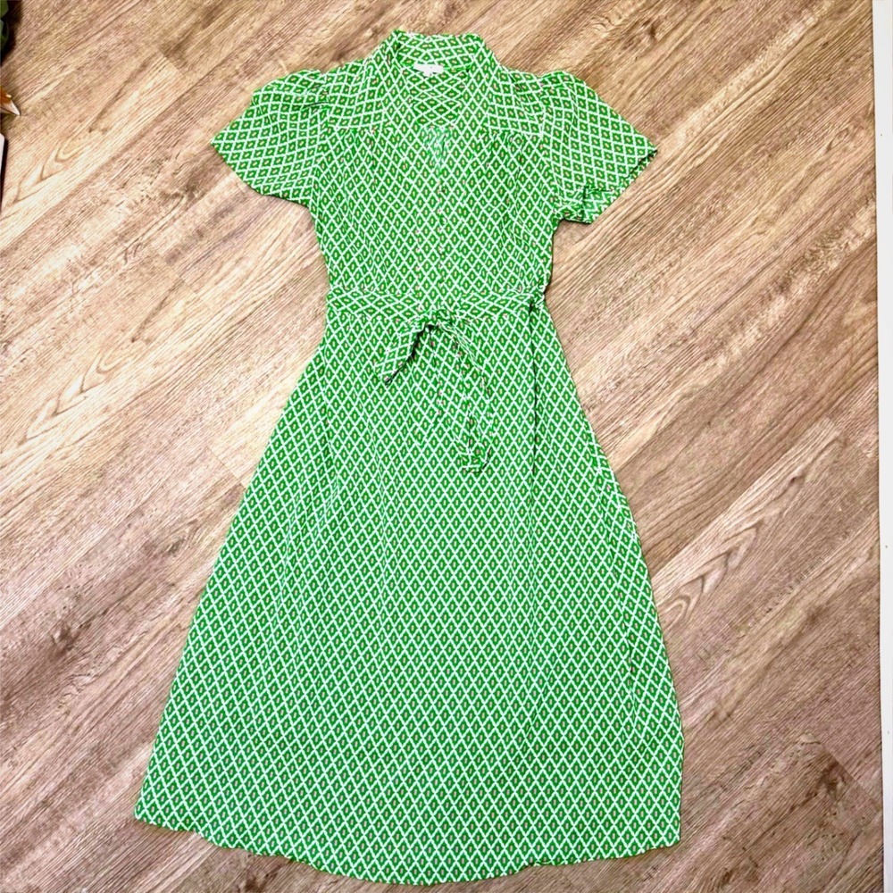Calista Green Geometric Print Midi Dress Short Sleeve Button Front Tie Waist S‎